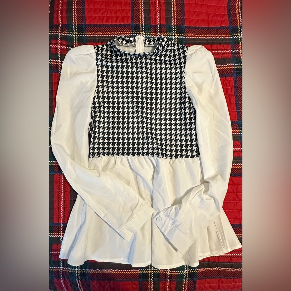 Black and white houndstooth blouse